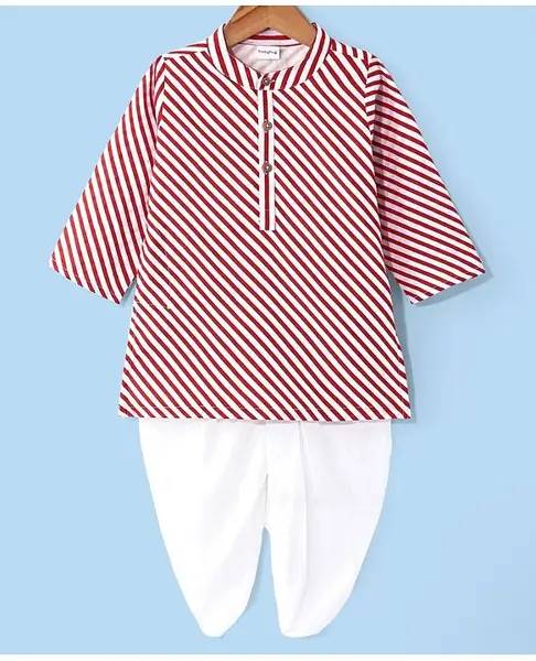 Babyhug Cambric Full Sleeves Striped Kurta Dhoti Set - Red & White