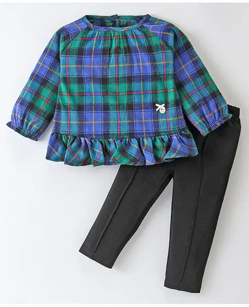 ToffyHouse Cotton Woven Yarn Dyed Full Sleeves Checkered Top & Denim Pants With Spandex Set - Green