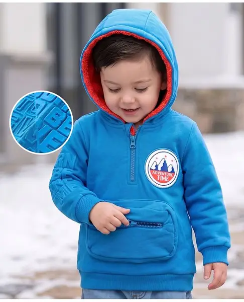 Babyoye 100% Cotton Knit Full Sleeves Hooded Sweatshirt with Attached Pouch & Embossed Text - Blue