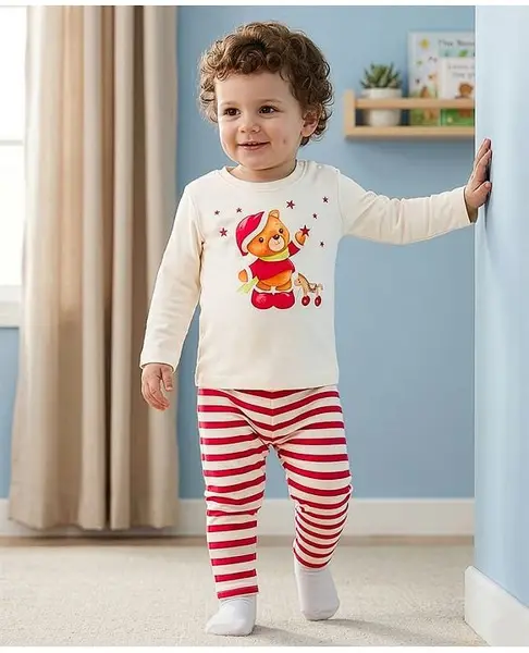 Babyoye 100% Cotton With Eco Jiva Finish Full Sleeves Teddy Printed T-Shirt & Striped Lounge Pants Set - Multicolor