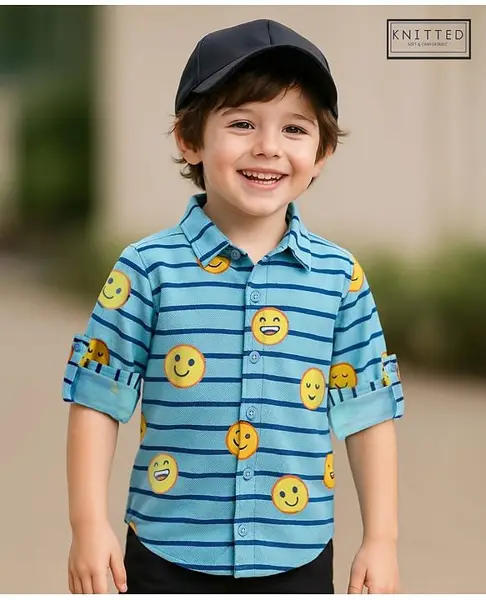 Babyhug Cotton Pique Textured Knit Full Sleeves Striped Shirt With Emojis Print - Light Blue