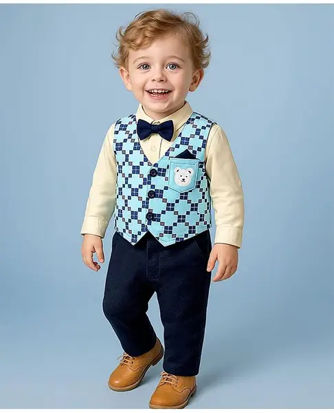 Babyoye 100% Cotton Knit Full Sleeves Checkered T-Shirt & Trouser Set with Waist Coat Bear Embroidery - Cream & Blue