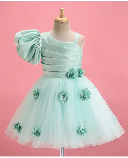 Bluebell Net One Shoulder Sleeves Frock with Floral Applique Solid Colour - Green