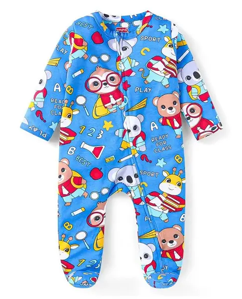 Babyhug Cotton Knit Full Sleeves Sleep Suit With Animals Print - Blue