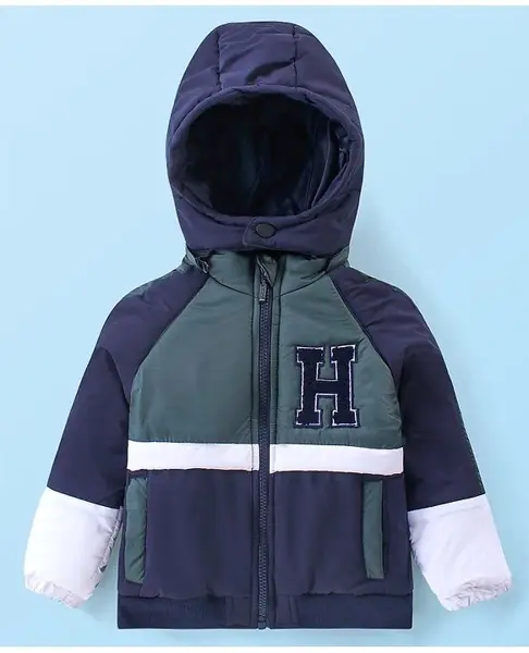 Babyhug Woven Full Raglan Sleeves Front Open Padded Hoooded Jacket With Detachable Hood Colour Block Design & Patch Detailing - Navy Blue