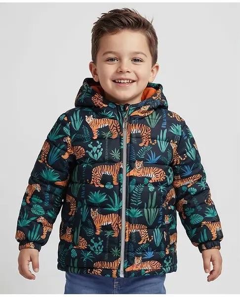 Babyhug Woven Full Sleeves Front Open Padded Hooded Jacket with Tiger Print & Pockets - Green