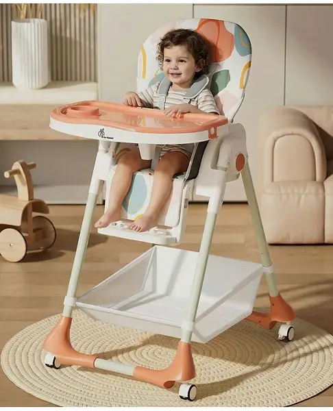 R for Rabbit Marshmallow High Chair for Baby with 7 Level Height Adjustment and 3-Recline Modes with Adjustable Back Seat Footrest  6 Months to 5 Years (Abstract Peach)