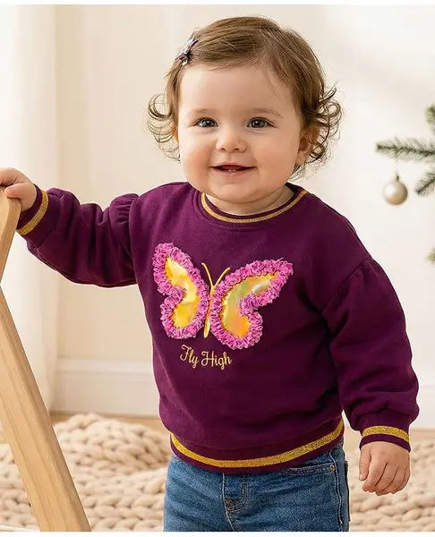 Babyoye Cotton Knit Full Puff Sleeves Drop Shoulder Sweatshirt With Butterfly Foil Print & Frill Detailing - Pink