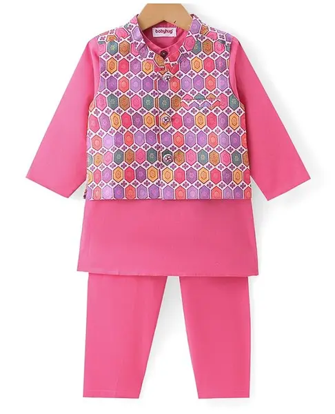 Babyhug Cambric Woven Full Sleeves Solid Colour Kurta Pyjama Set with Floral Printed Nehru Jacket - Pink