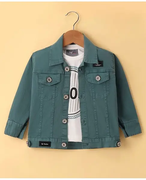 Dapper Dudes Full Sleeves Placement Text Printed Tee With Denim Jacket - Green