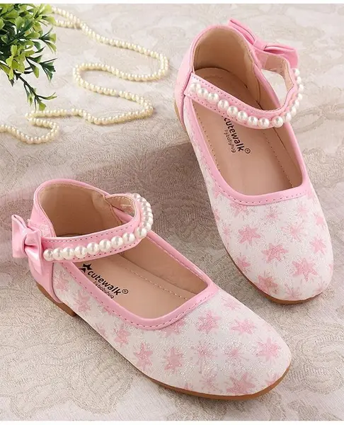 Cute Walk by Babyhug Ballerinas with Velcro Closure Floral Print & Pearl Detailing - Pink