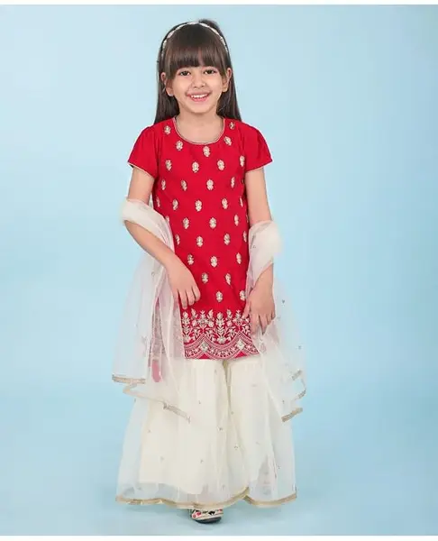 Babyhug Woven Short Sleeves Chanderi Embroidered Kurti With Sequenced Net Embroidered Sharara & Dupatta Set With Tassle Detailing - Red