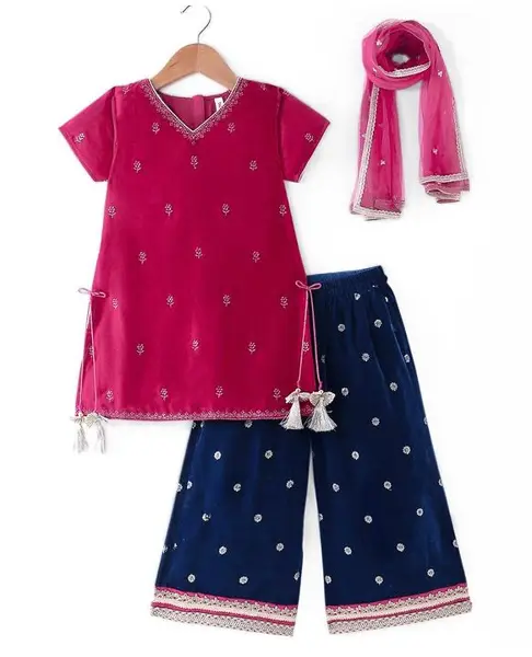 Babyhug Woven  Short Sleeves Velvet Sequinned Embroidered Kurti Palazzo & Dupatta Set with Tassle Detailing - Hot Pink
