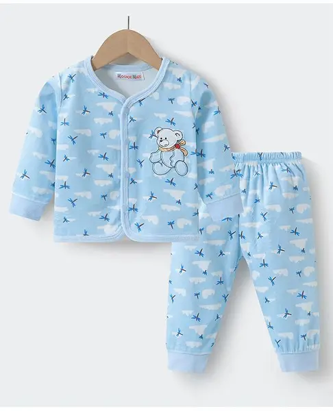 Kookie Kids Full Sleeves Front Open Winter Night Suit With Teddy Embroidery - Light Blue