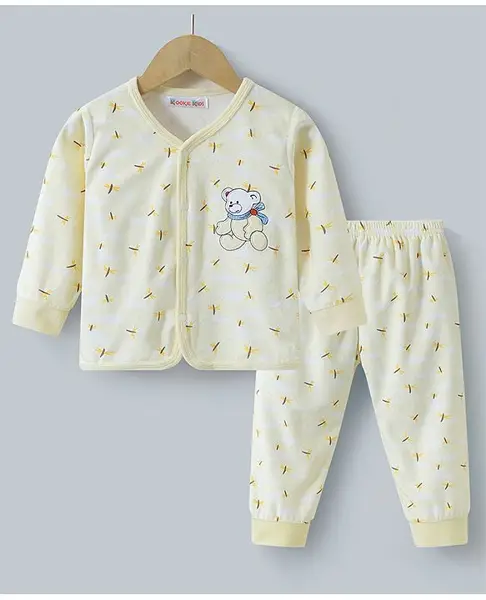 Kookie Kids Full Sleeves Front Open Winter Night Suit With Teddy Embroidery - Cream