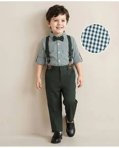 Mark & Mia Full Sleeves Checkered Shirt & Trouser Set with Bow Suspender - Dark Green & White