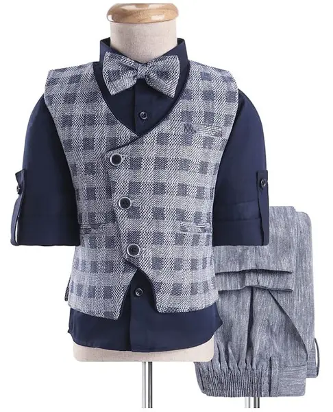 Robo Fry Woven Full Sleeves Checks 3 Piece Party Suit With Bow - Navy Blue & Gray
