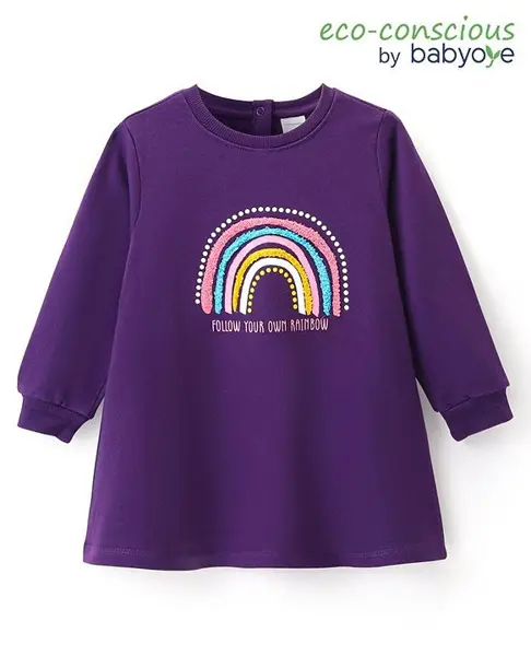 Babyoye 100% Cotton Full Sleeves  Winter Frock with Text Print - Purple