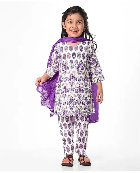 Babyhug Cotton Woven Three Fourth Sleeves Kurti Palazzo & Dupatta Set with Floral Print - White & Purple