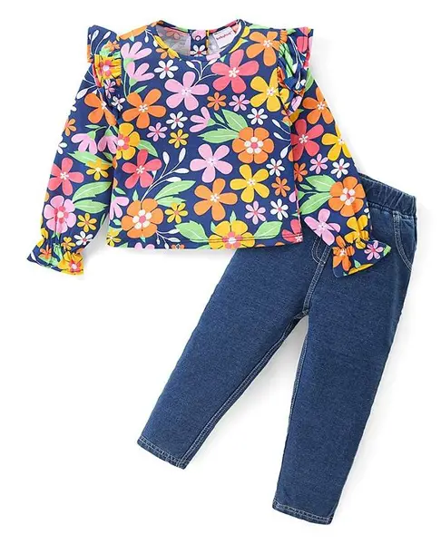 Babyhug Cotton Knit Full Sleeves Frill Detailed Floral Printed Top & Denim Pants Set - Navy