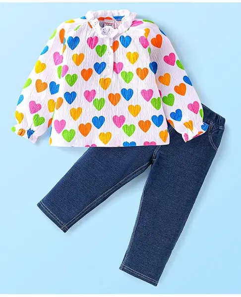 Babyhug Single Jersey Knit Premium Light Gauge Terry Full Peasant Sleeves Heart Printed Top & Denim Jeans Set - Blue & Pink