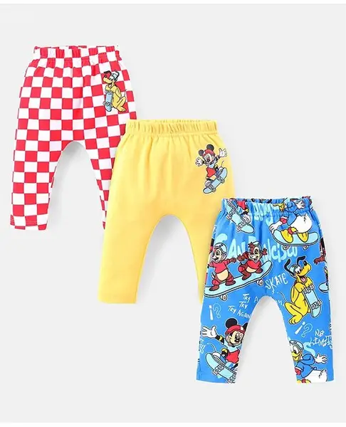 Babyhug Disney Interlock Knit Full Length Diaper Leggings with Mickey Mouse and Friend Graphics Pack of 3 - Multicolour