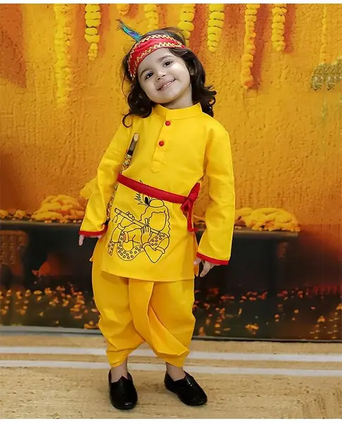 BownBee Full Sleeves Janmashtami Theme Krishna Costume Set - Yellow
