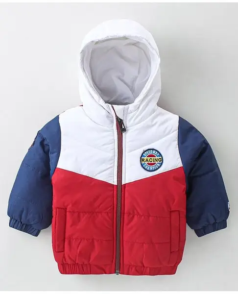 Babyhug Woven Full Sleeves Padded Hooded Jacket with Cut & Sew Design & Patch Detailing - Red & White