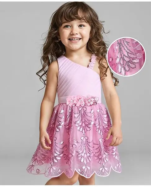 Babyhug Woven Sleeveless Party Wear Fit & Flare Dress with Sequinned Floral Embellishments - Light Pink