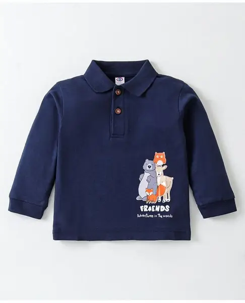 Zero Sinker Single Jersey Full Sleeves Polo T-Shirt with Animal Print - Navy