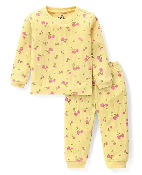 Doodle Poodle Cotton Knit Full Sleeves Floral Printed Thermal Vest & Pant Set - Lemon Yellow