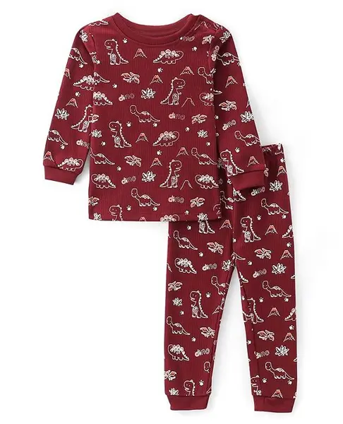 Doodle Poodle Cotton Knit Full Sleeves Dino Printed Thermal Vest & Leggings - Red
