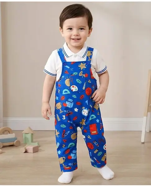 Babyhug Single Jersey Knit Printed Dungaree & Half Sleeves Polo T-Shirt - White & Blue