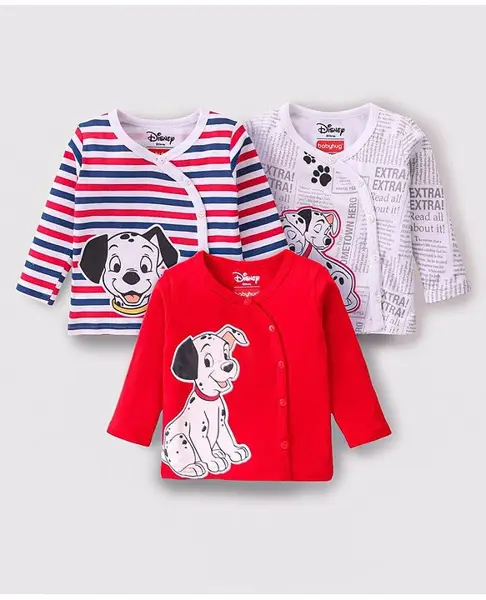 Babyhug Disney Cotton Knit Full Sleeves Front Open Jhablas With Stripes & 101 Dalmatians Graphics Pack of 3 - Red & White