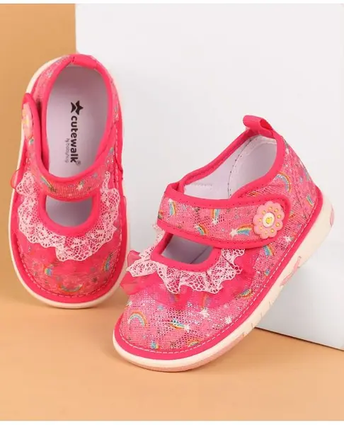 Cute Walk by Babyhug Musical Casual Shoes Rainbow & Stars Print With Lace Detailing - Fuchsia