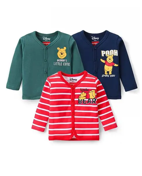 Babyhug Disney Cotton Knit Full Sleeves Front Open Jhablas With Stripes & Winnie The Pooh Graphics Pack of 3 - Red Green & Blue