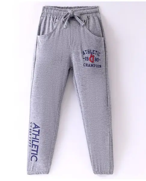 Olio Kids Cotton Knit Full Length Track Pant Text Print - Grey