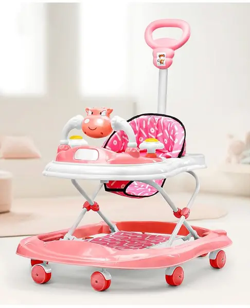 Baby Dino Musical walker with Adjustable Height Parental Handle Foot Mat & Musical Activity cum Feeding Tray Detachable Cushioned Seat 360  Rotational Wheels -Pink