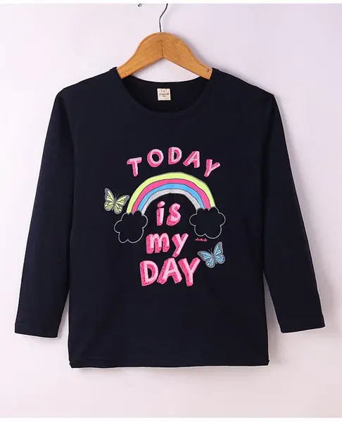Olio Kids Cotton Knit Full Sleeves T-Shirt With Text Print -Navy