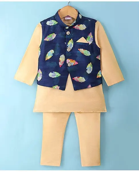 Ridokidz Full Sleeves Solid Kurta Pyjama With Feathers Printed Jacket - Navy Blue & Fawn