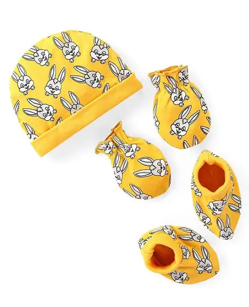 Babyhug 100% Cotton Interlock Knit Cap Mitten & Booties with Bunny Print - Yellow