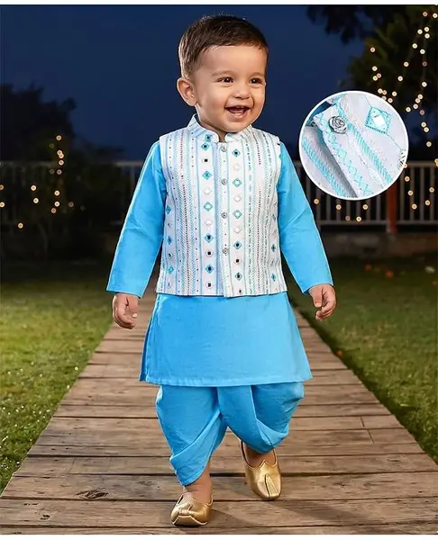 Babyhug Woven Full Sleeves Kurta Dhoti Set with Mirror Embroidered Jacket - Blue