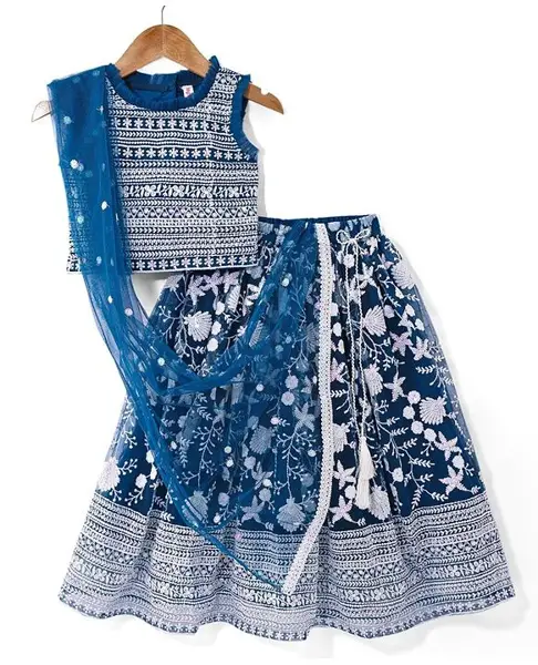 Babyhug Woven Sleeveless Choli Lehenga & Dupatta Set With Sequin & Embroidery Detailing - Teal Blue