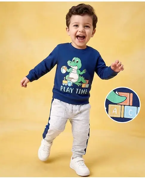 Babyhug Cotton Knit Full Sleeves T-Shirt & Lounge Pants Set With Play Time Croc Print - Blue & Grey