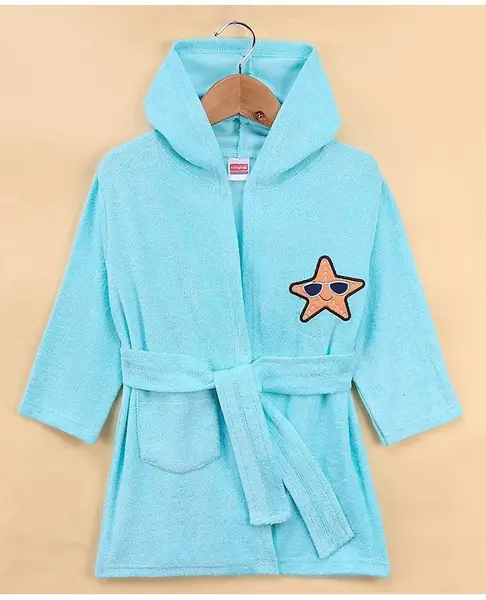 Babyhug Full Sleeves Cotton Knit Hooded Bath Robe Giraffe Embroidery with Pocket - Blue