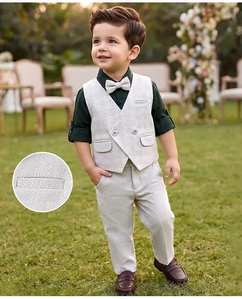 Mark & Mia Full Sleeves Checkered 3 Piece Party Suit with Bow - Light Grey & Dark Green