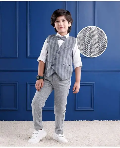 Mark & Mia Cotton Woven Full Sleeves Striped 3 Piece Party Suit With Bow - Grey