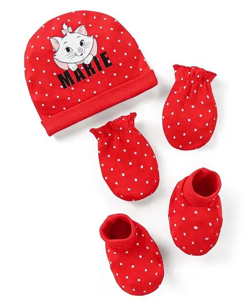 Babyhug Disney Interlock Knit Cap Mittens & Booties with Aristocats Marie Graphics -Red