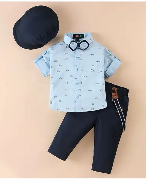 Robo Fry Cotton Woven Full Sleeves Car Printed Shirt & Trouser Set with Hat Bow & Suspender - Blue