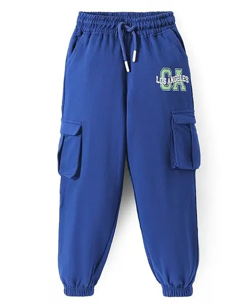 Pine Kids Cotton Knit Full Length Lounge Pant With Text Print & Cargo Pockets - Blue